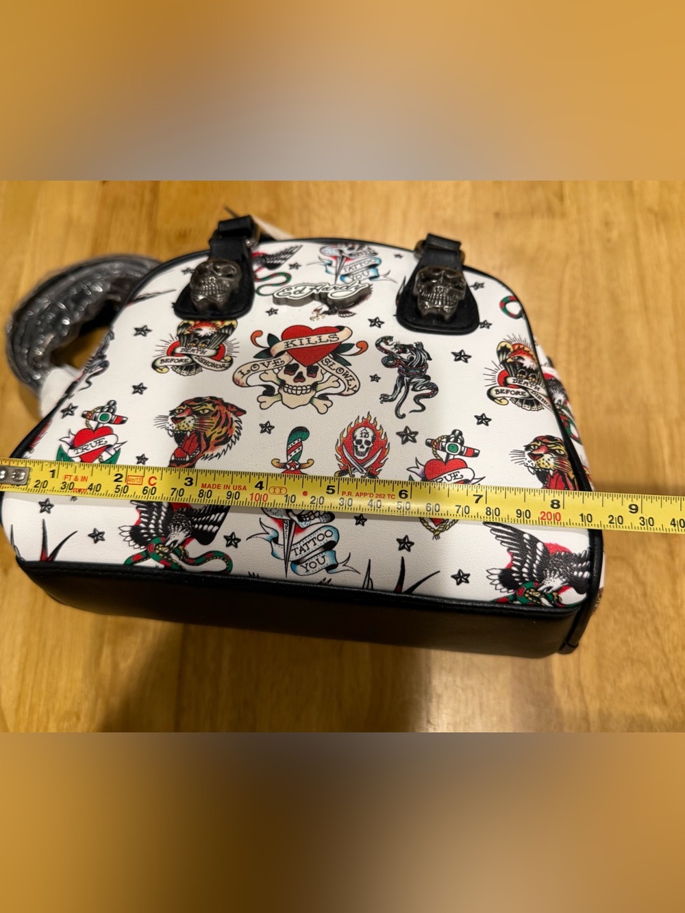 Ed Hardy White Tattoo Print Dome Satchel with Skull Hardware - Picture 14 of 16
